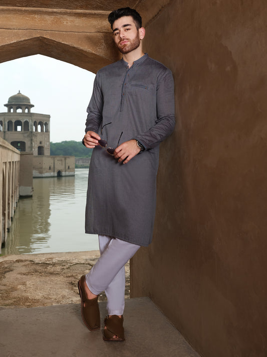 Blue Dobby Textured Kurta - AL-K-890
