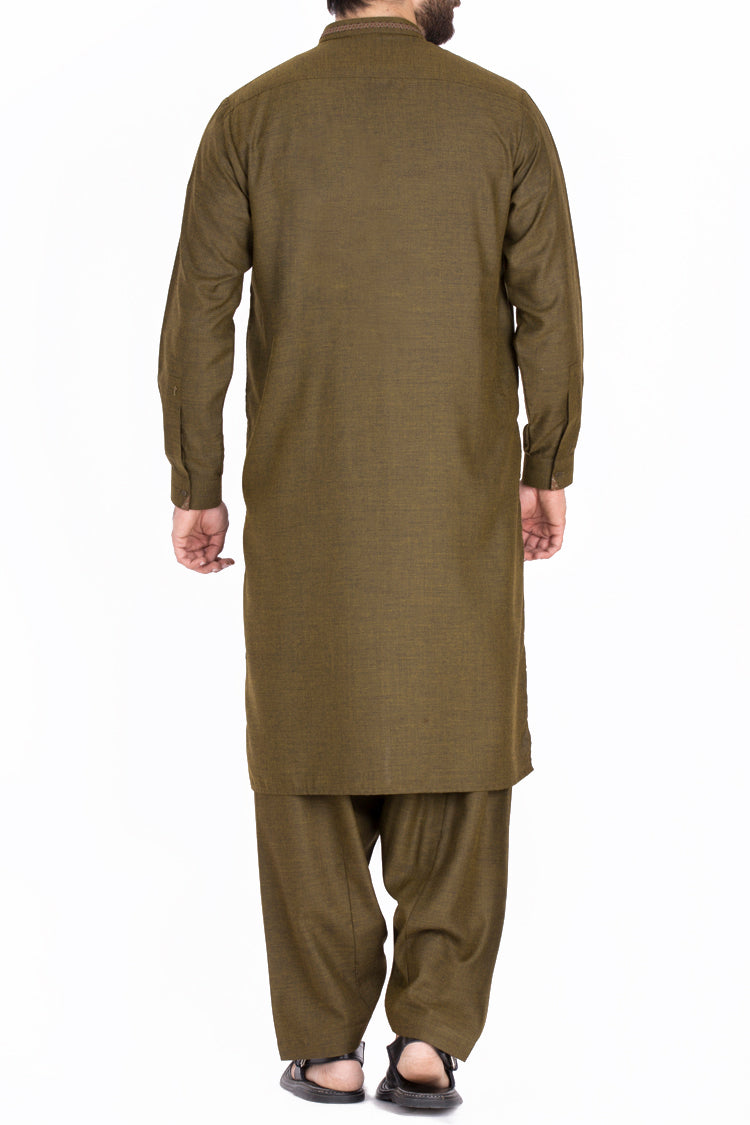 Olive Green Blended Kameez Shalwar - AL-KS-2336