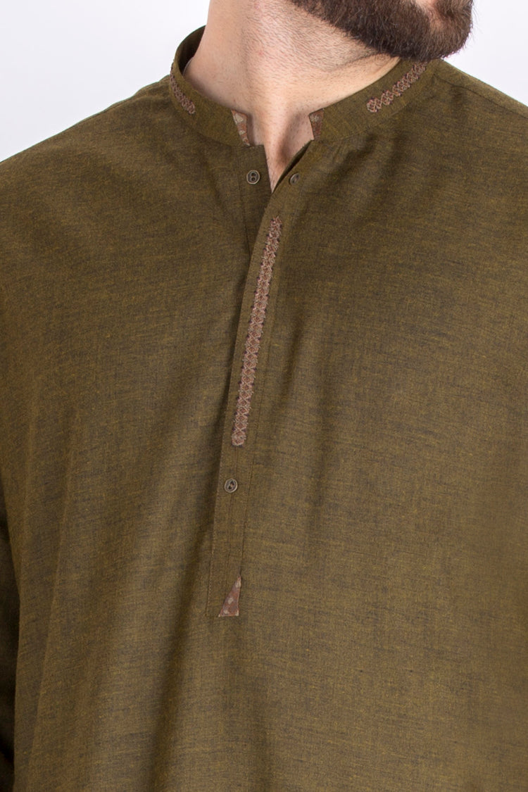 Olive Green Blended Kameez Shalwar - AL-KS-2336