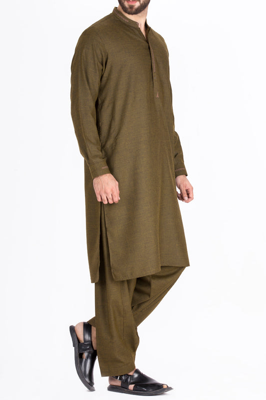 Olive Green Blended Kameez Shalwar - AL-KS-2336