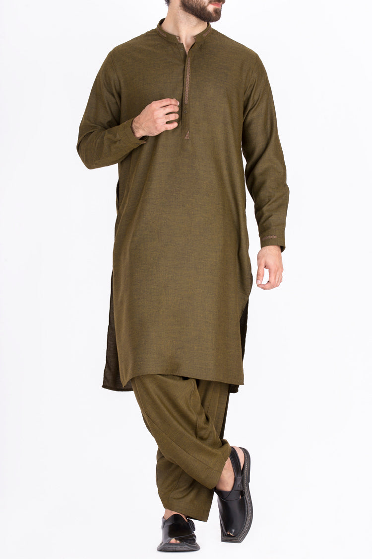 Olive Green Blended Kameez Shalwar - AL-KS-2336