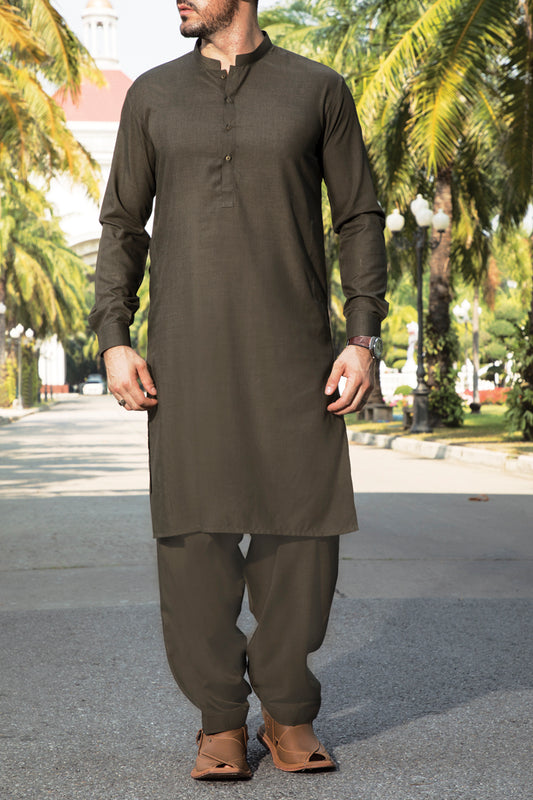 Chocolate Brown Blended Kameez Shalwar - AL-KS-2347