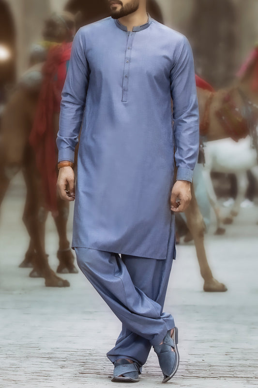 Light Blue Blended Kameez Shalwar - AL-KS-2364
