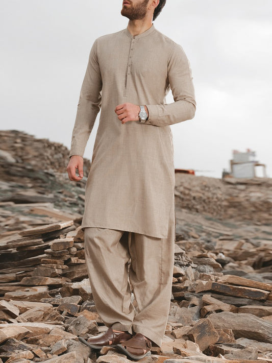 Sand Colored Blended Kameez Shalwar - AL-KS-2428