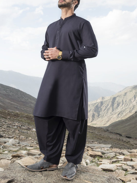 Navy Blue Blended Kameez Shalwar - AL-KS-2450
