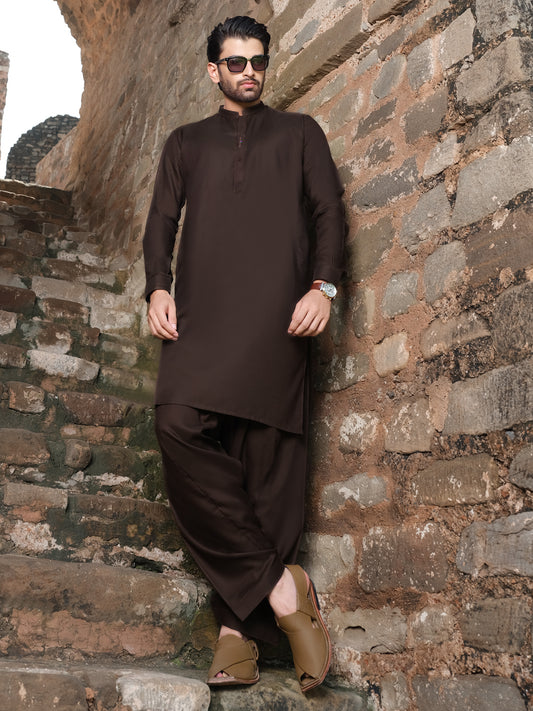 Dark Brown Blended Kurta Shalwar - AL-KS-2528