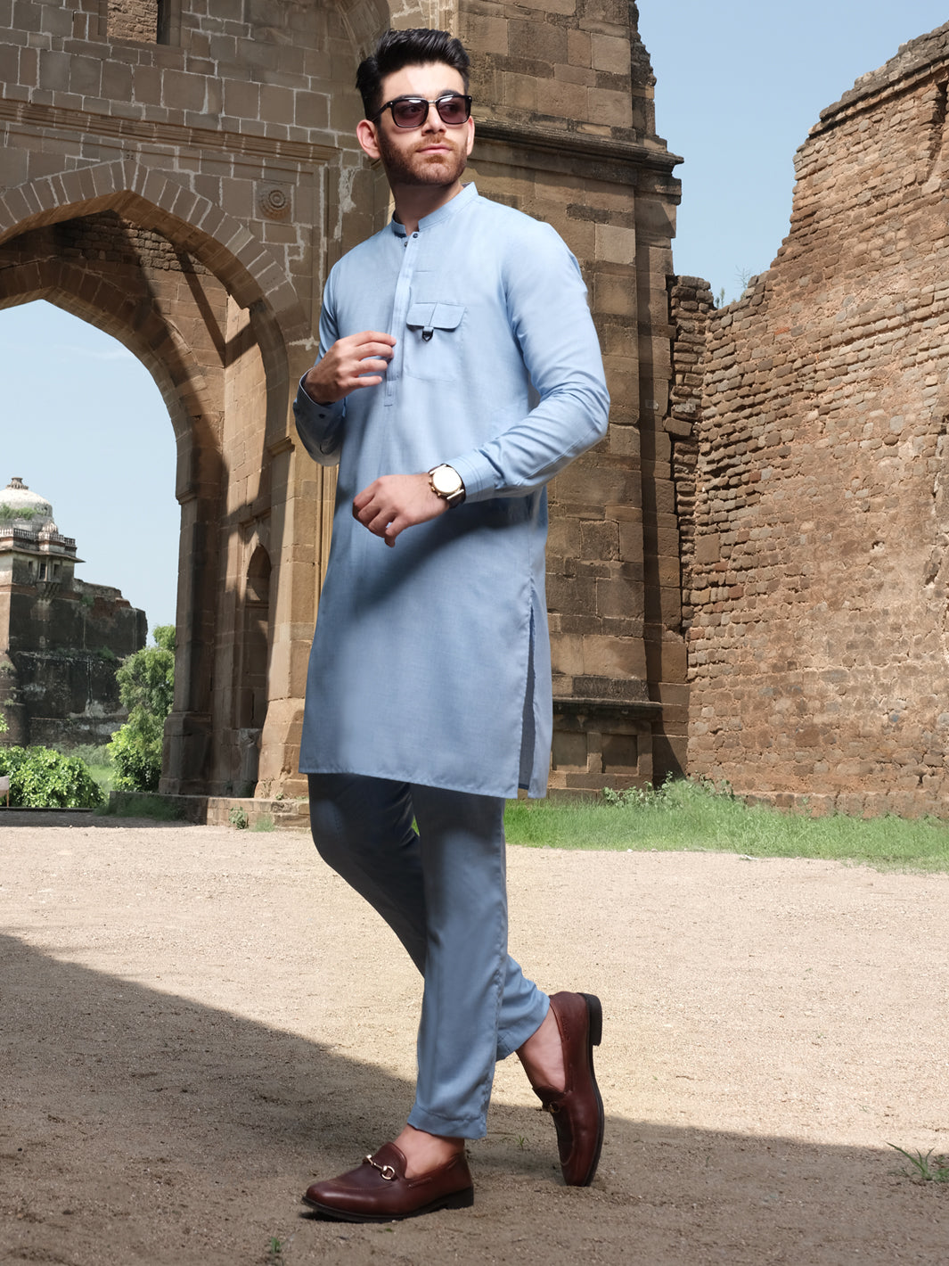 Ice Blue Blended Kurta Pajama - AL-KS-2559