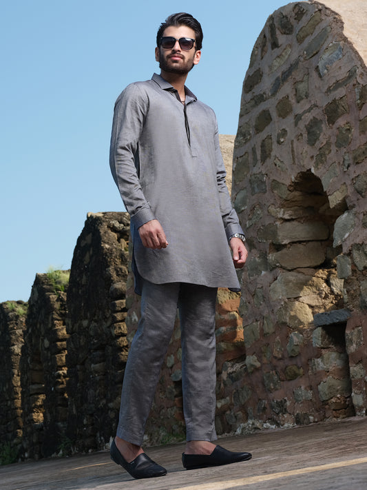 Grey Blended Kurta Pajama - AL-KS-2564