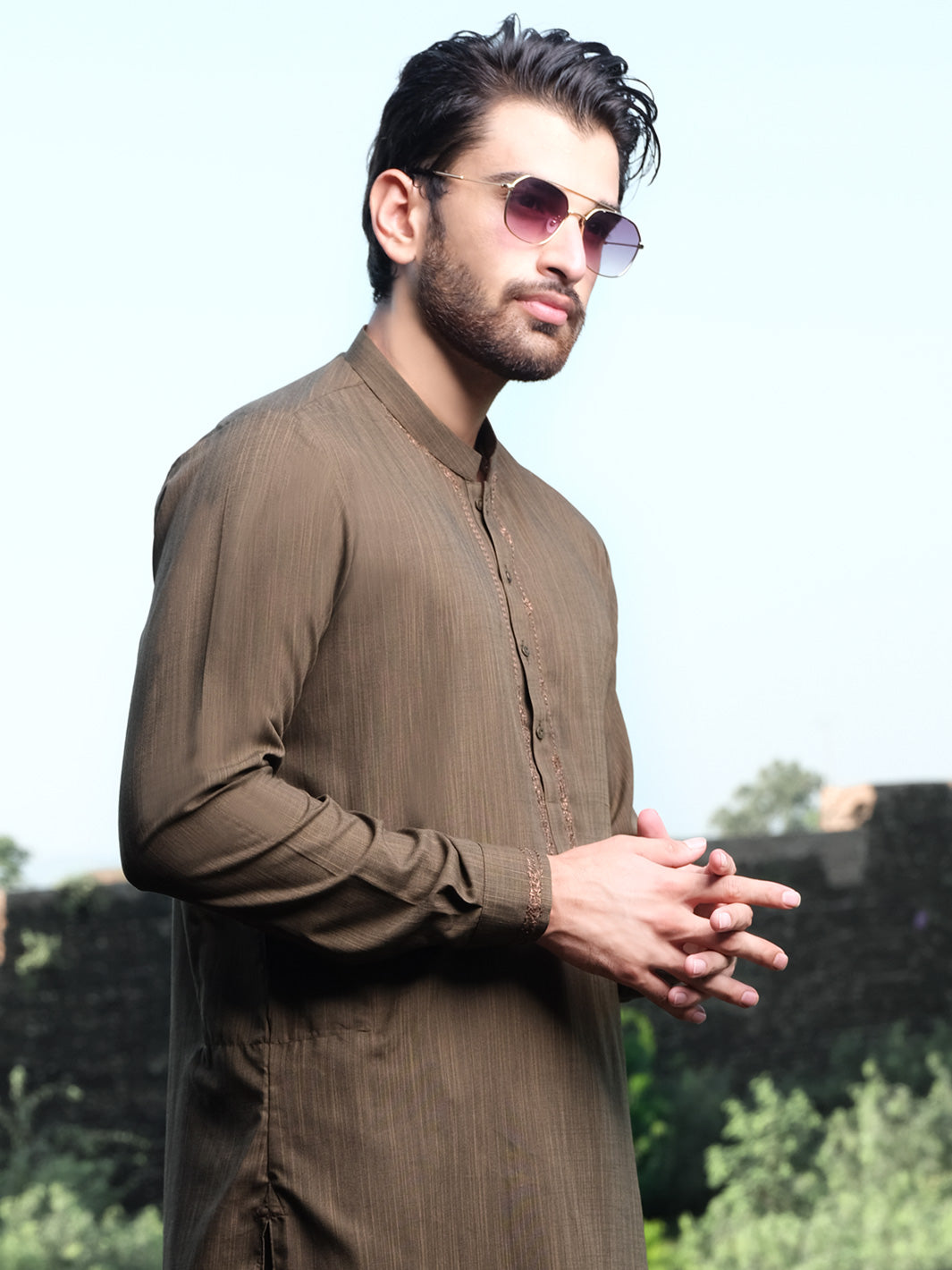 Olive Green Blended Kameez Shalwar - AL-KS-2572