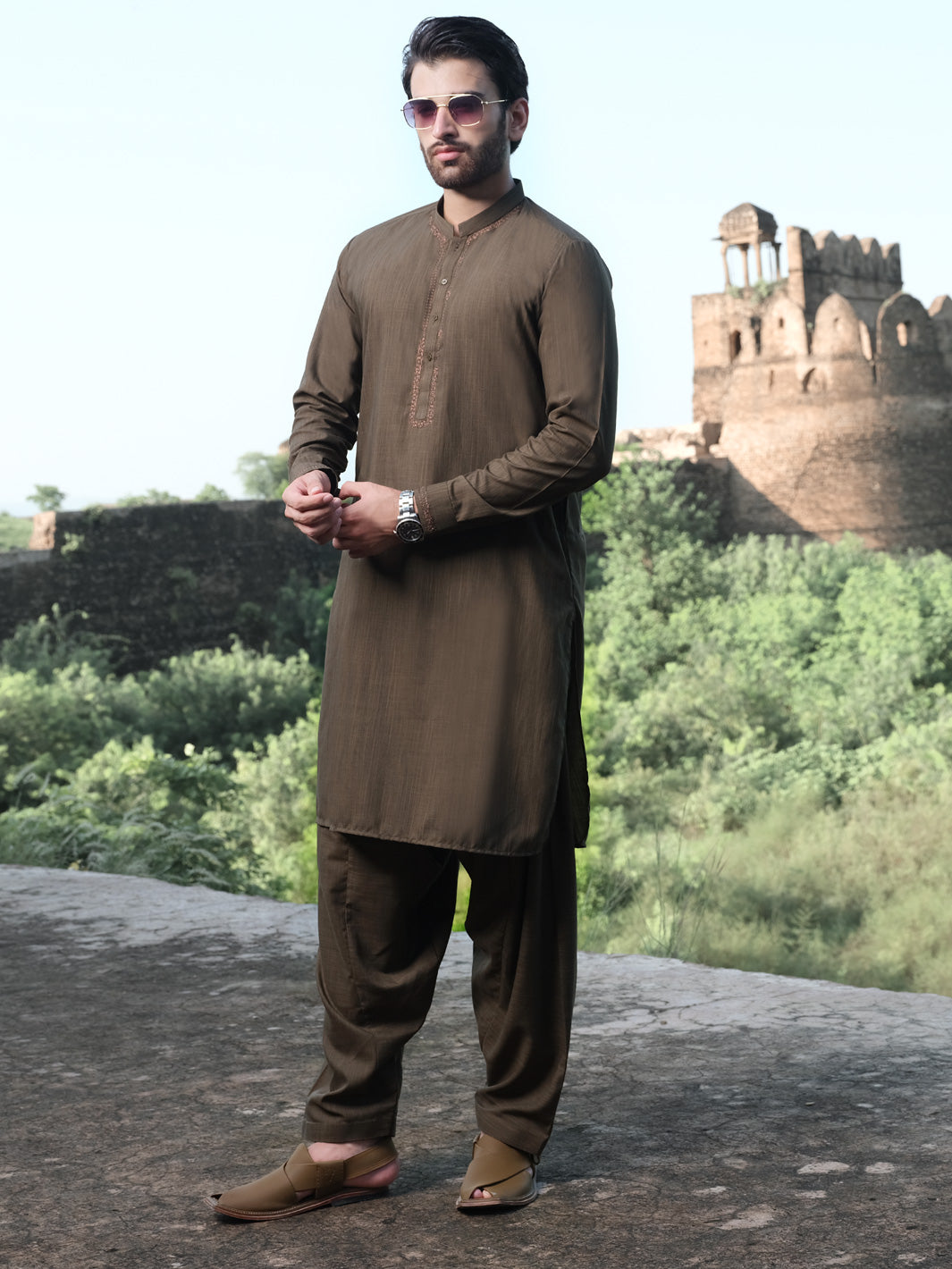 Olive Green Blended Kameez Shalwar - AL-KS-2572