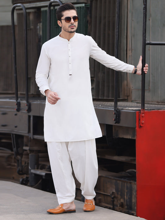 White Blended Kameez Shalwar - AL-KS-2598