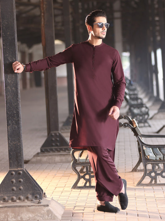 Burgundy Blended Kameez Shalwar - AL-KS-2599