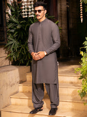 Charcoal Grey Blended Kameez Shalwar - AL-KS-2695