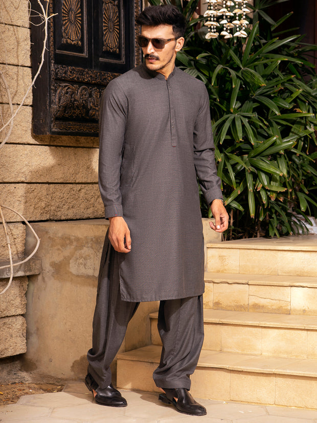 Charcoal Grey Blended Kameez Shalwar - AL-KS-2695