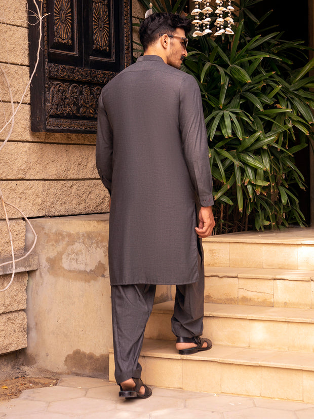 Charcoal Grey Blended Kameez Shalwar - AL-KS-2695