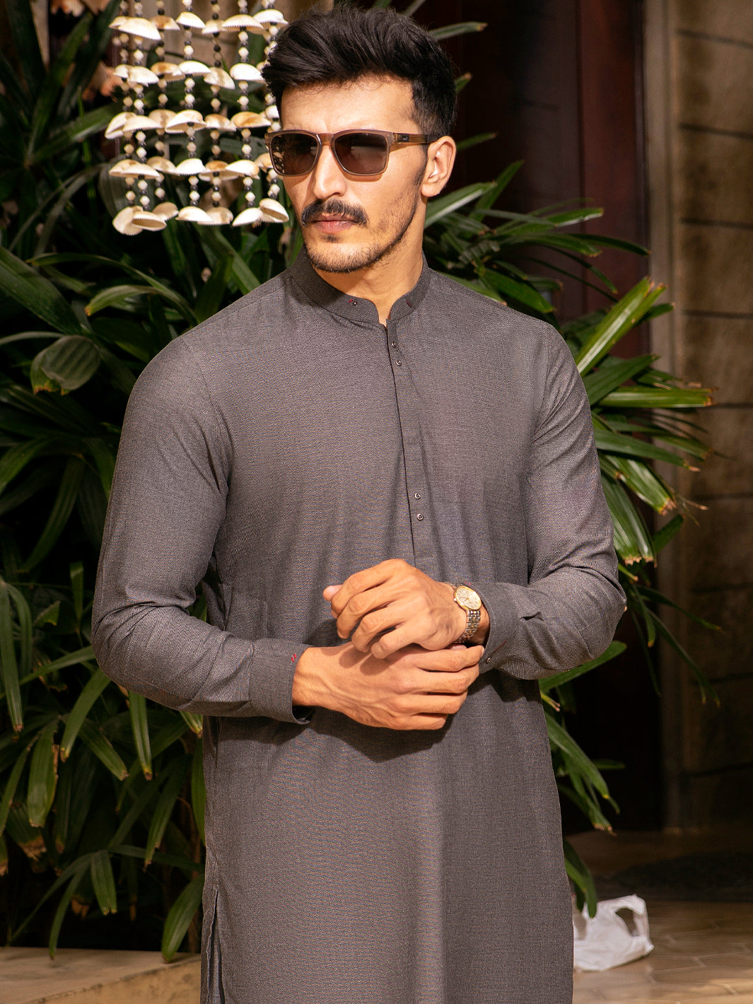 Charcoal Grey Blended Kameez Shalwar - AL-KS-2695