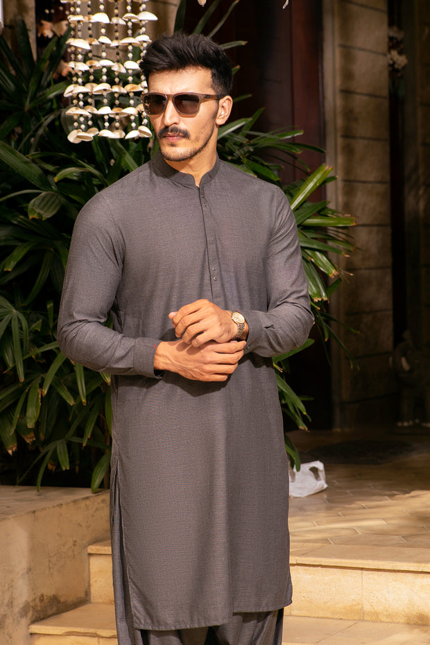 Charcoal Grey Blended Kameez Shalwar - AL-KS-2695