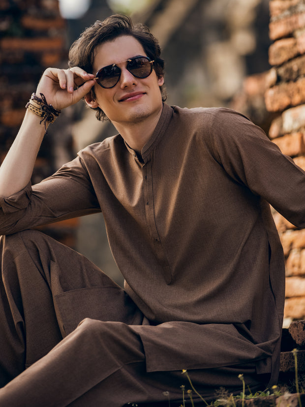 Brown Blended Kameez Shalwar - AL-KS-2830