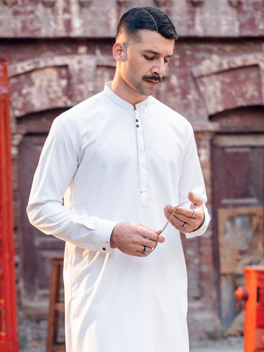 Off White Blended Kameez Shalwar - AL-KS-2836