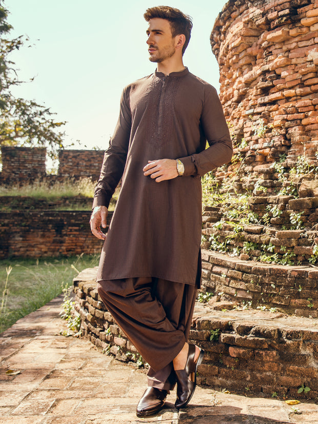 Dark Brown Blended Kameez Shalwar - AL-KS-2922