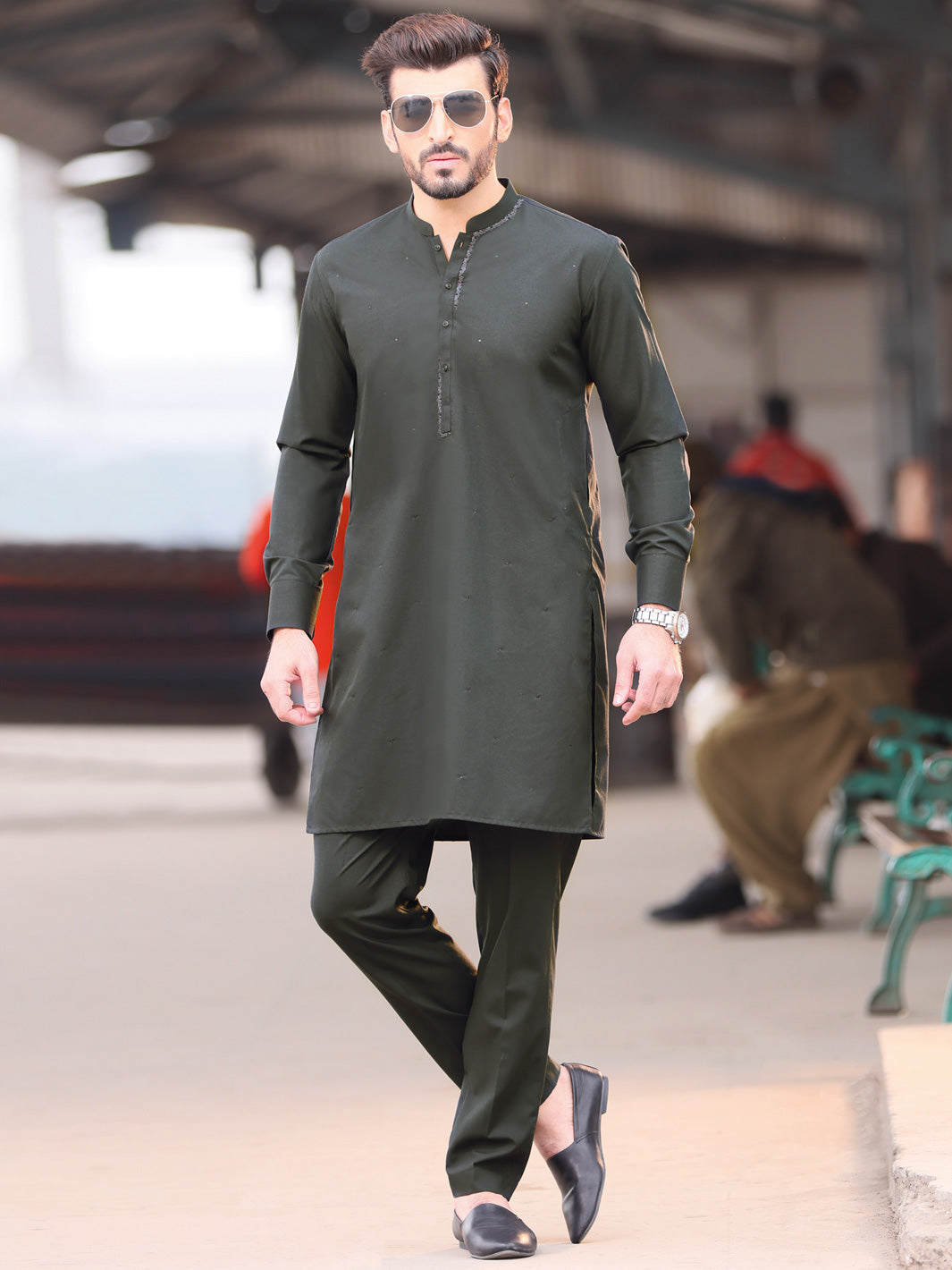 Dark Green Blended Kurta Pajama - AL-KT-2584