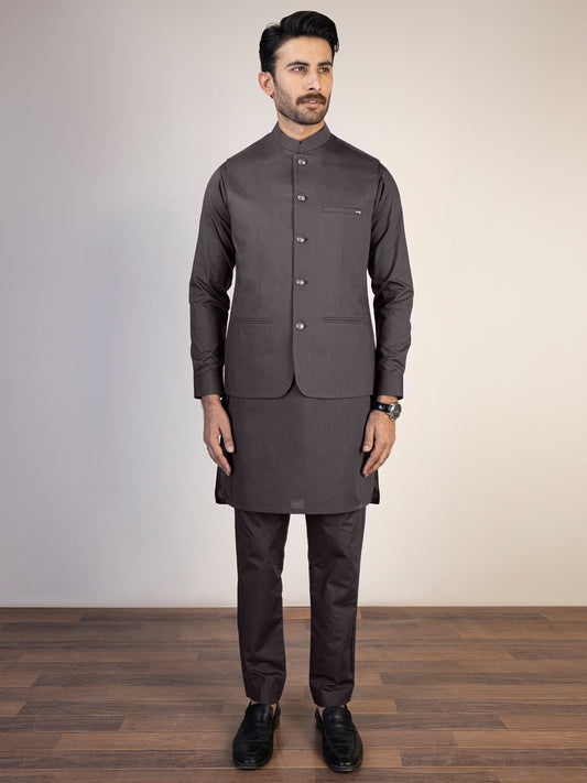 Grey Blended Waistcoat & Kurta Trouser - AL-KWT-006