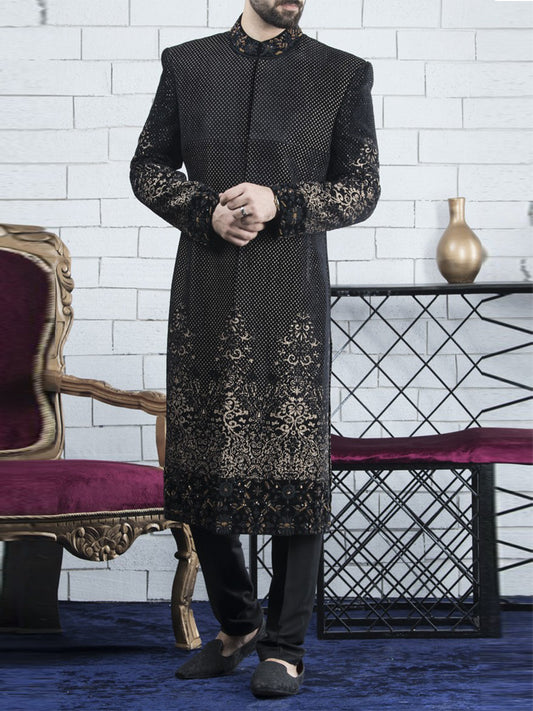 Golden Black Sherwani - AL-SW-056 - Almirah Online