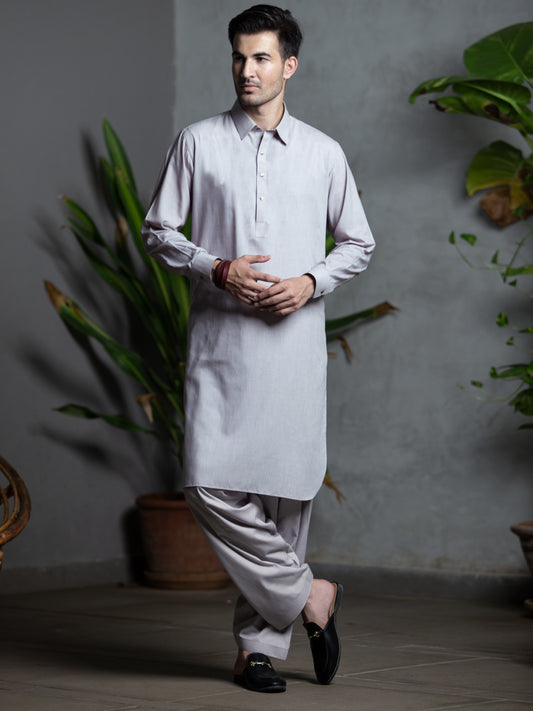 Light Grey Blended Kameez Shalwar - ALWA-KS-258
