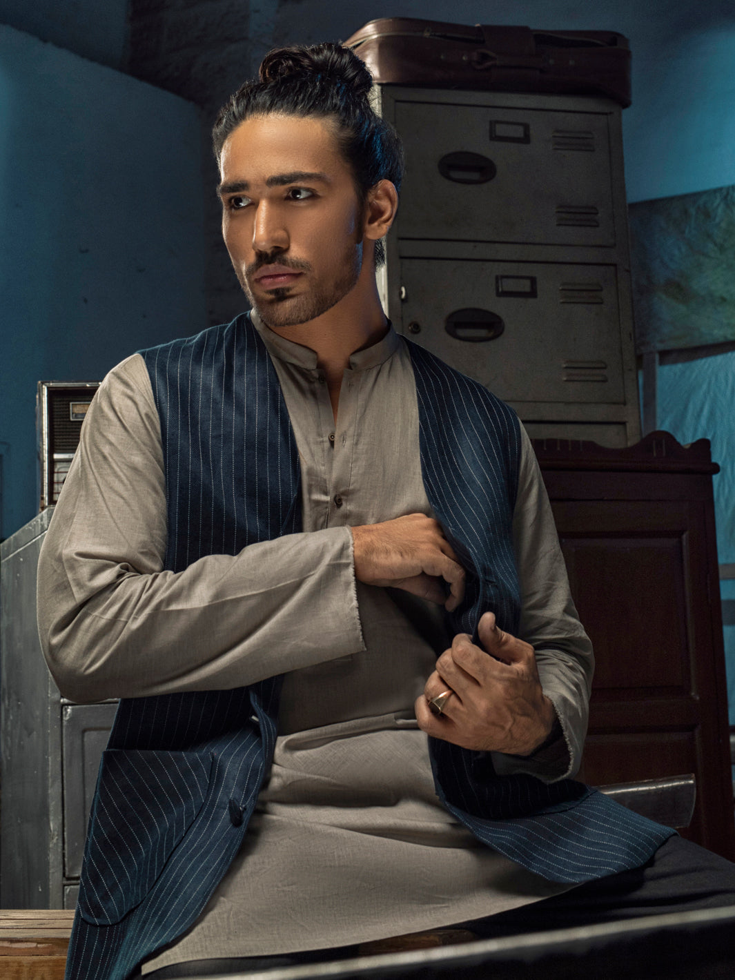Blue Linen Cotton Waistcoat - ALCR-WC-001 - Almirah Online