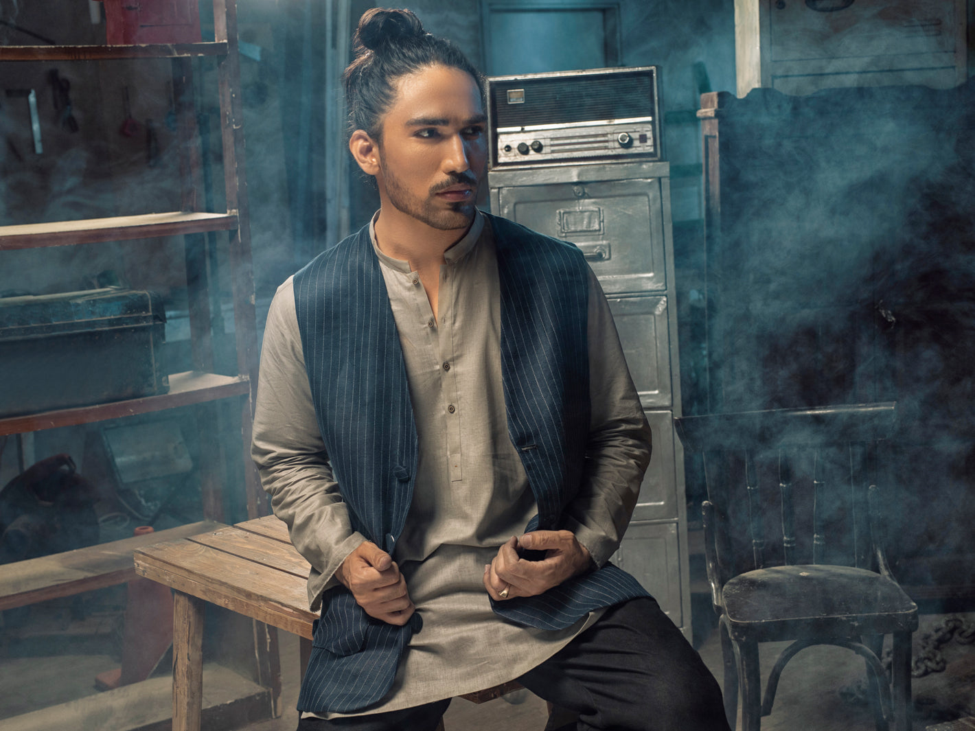 Blue Linen Cotton Waistcoat - ALCR-WC-001 - Almirah Online