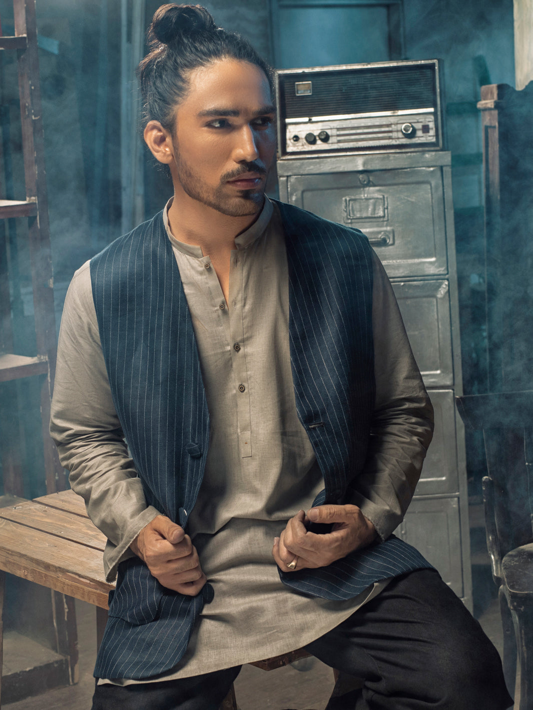 Blue Linen Cotton Waistcoat - ALCR-WC-001 - Almirah Online