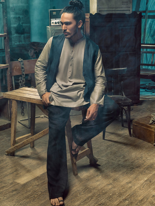 Blue Linen Cotton Waistcoat - ALCR-WC-001 - Almirah Online