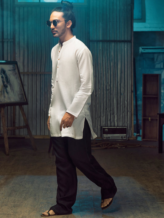 White Linen Short Kurta - ALCR-K-017 - Almirah Online
