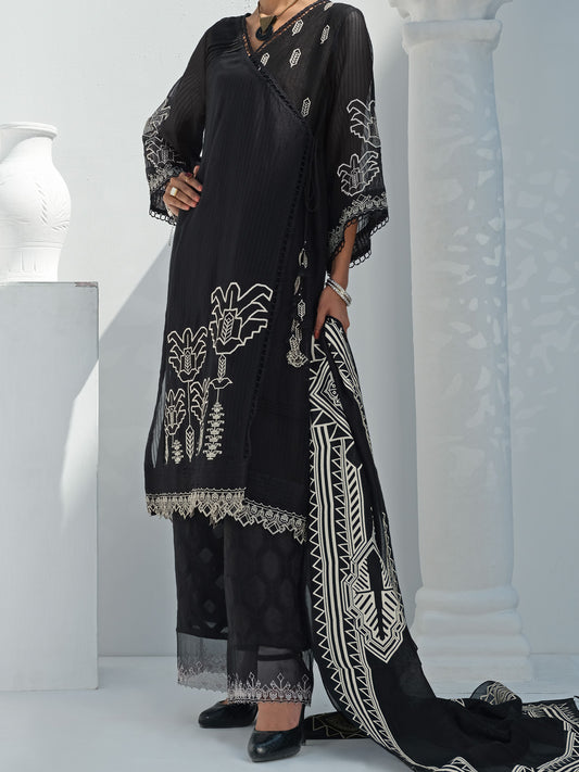 Black Khaddi Net 3 Piece Unstitched - ALP-3PS-1055
