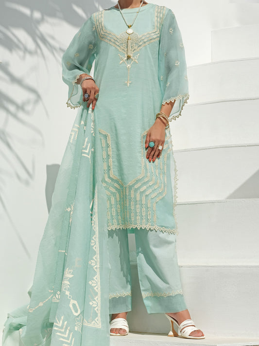Sky Blue Swiss Voile + Khaddi Net 3 Piece Unstitched - ALP-3PS-1057