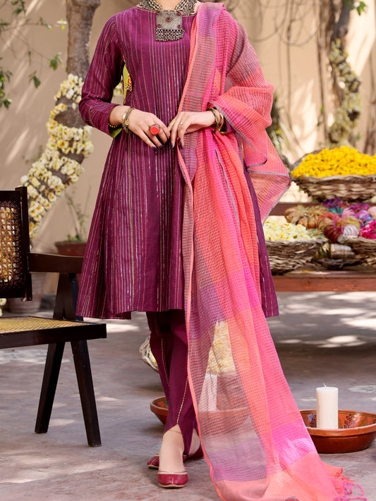 Purple Yarn-Dyed Jacquard 3 Piece Unstitched - ALP-3PS-1099