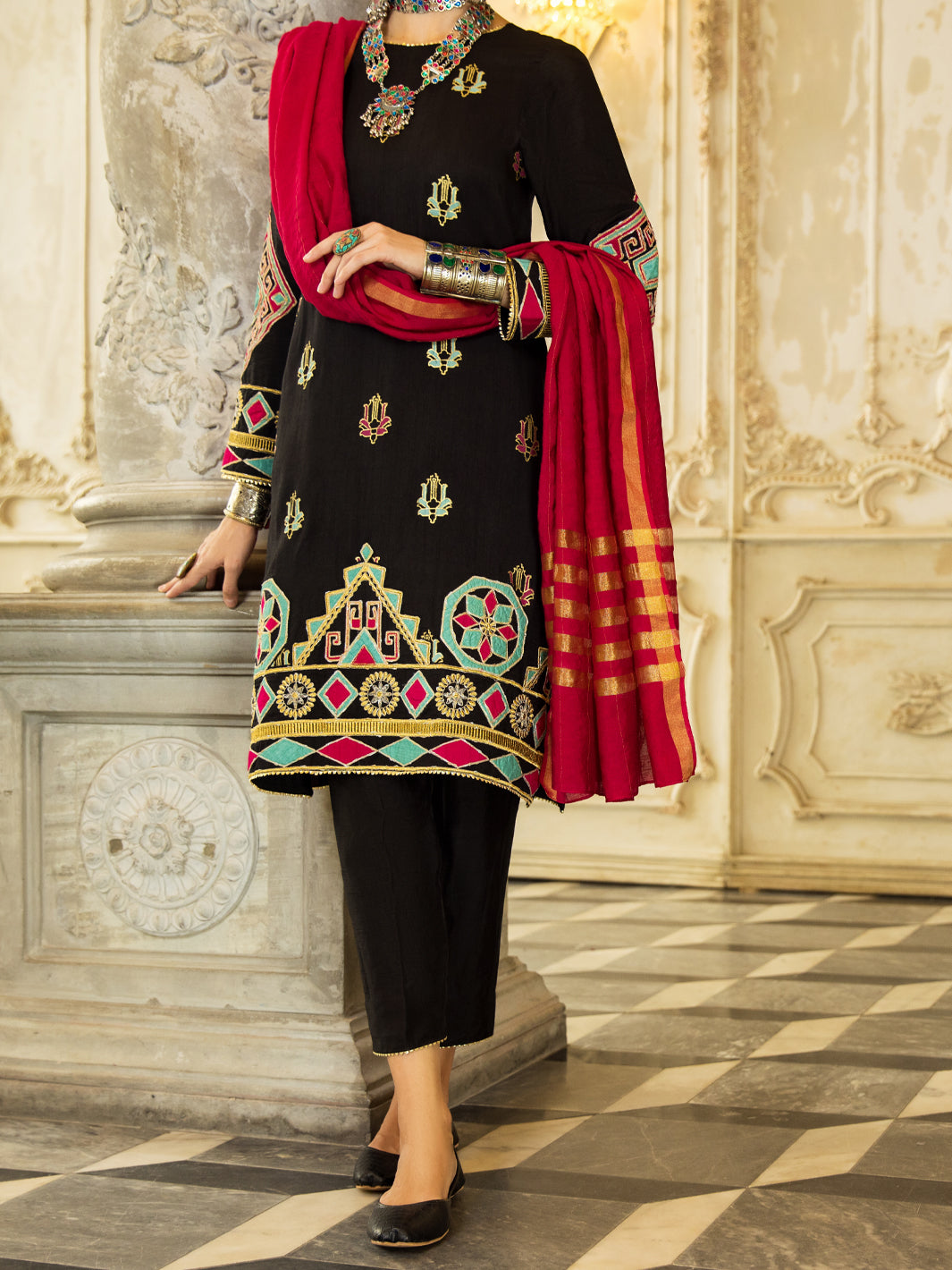 Black Raw Silk 3 Piece Stitched - ALP-3PS-1280