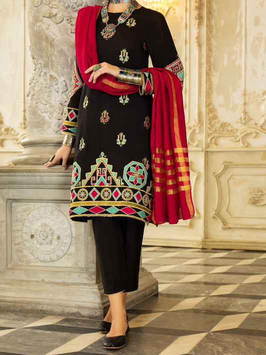 Black Raw Silk 3 Piece Stitched - ALP-3PS-1280