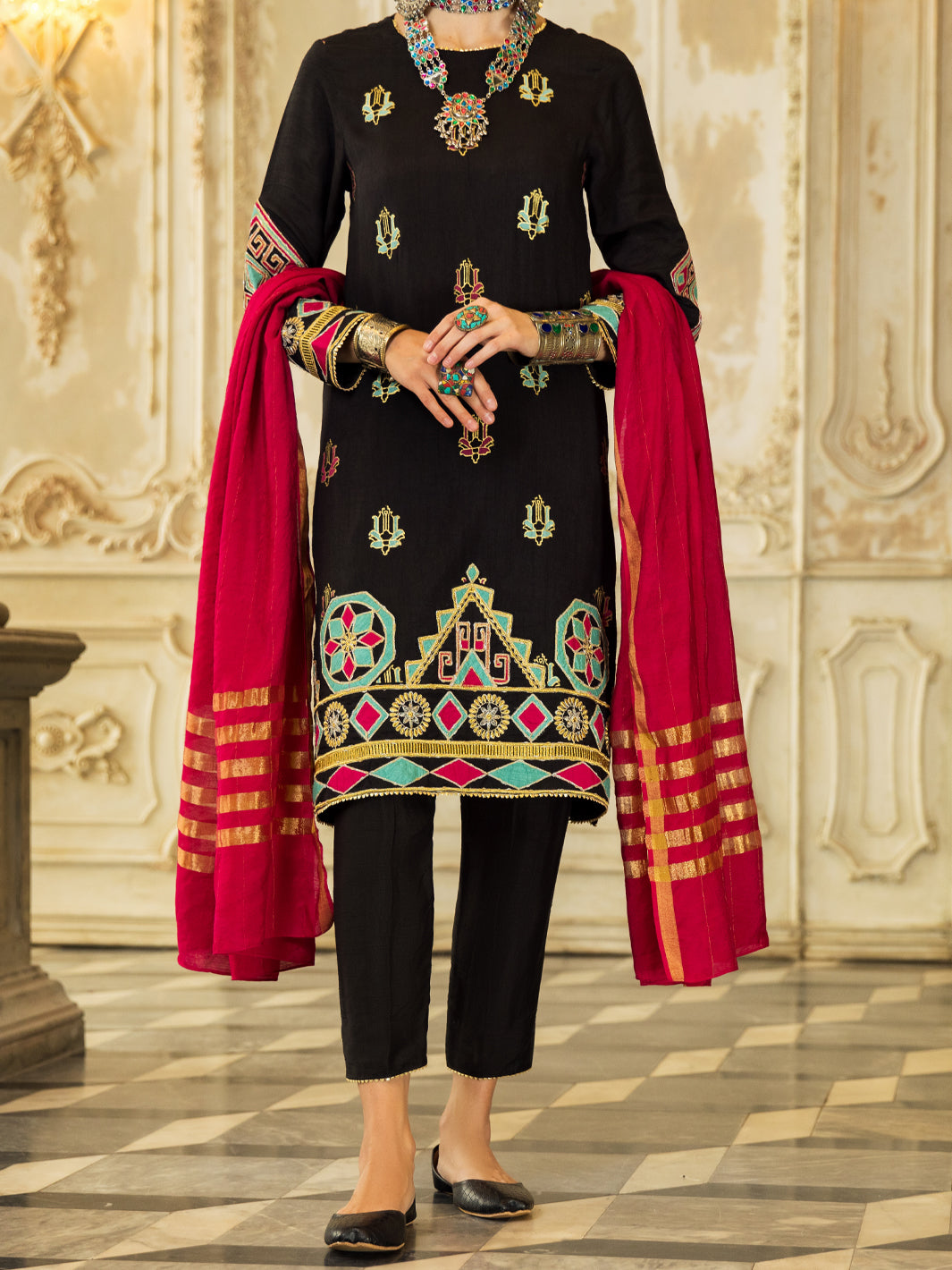 Black Raw Silk 3 Piece Stitched - ALP-3PS-1280