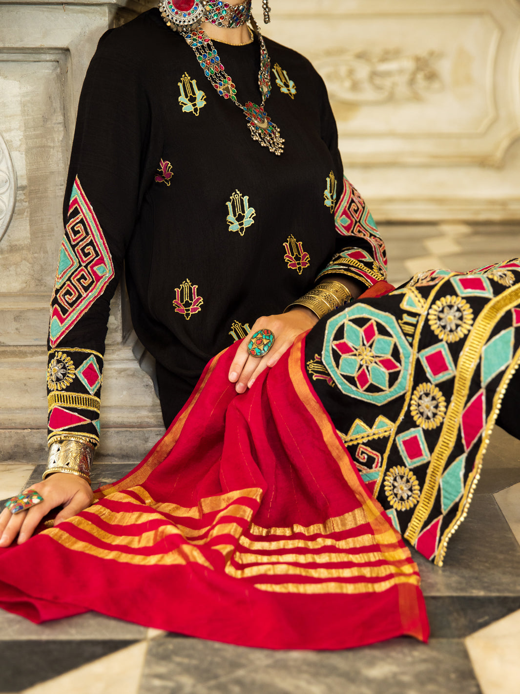 Black Raw Silk 3 Piece Stitched - ALP-3PS-1280