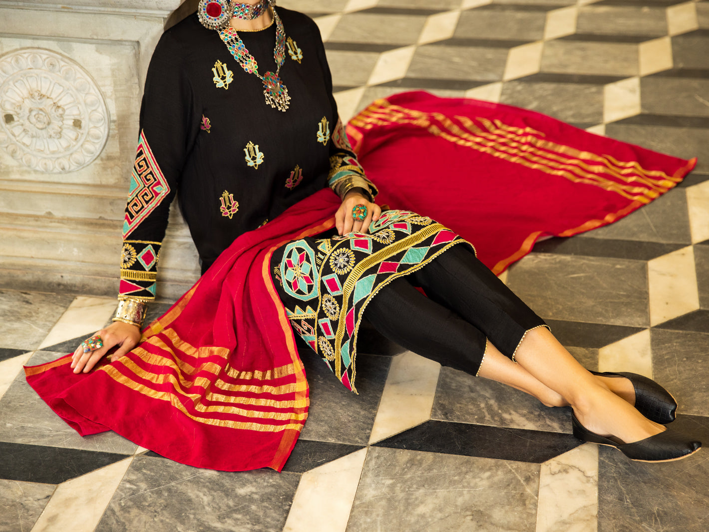 Black Raw Silk 3 Piece Stitched - ALP-3PS-1280