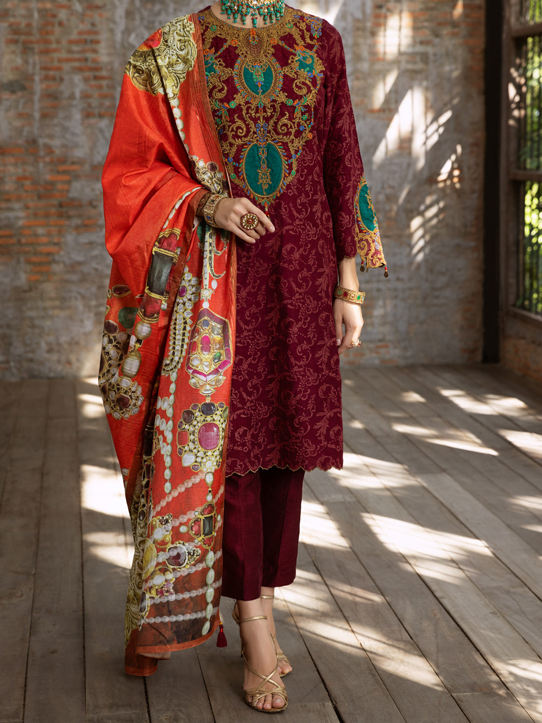 Maroon Raw Silk 3 Piece Stitched - ALP-3PS-429