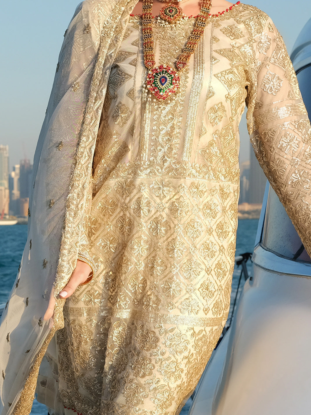 Beige Net 3 Piece Stitched - ALP-3PS-907