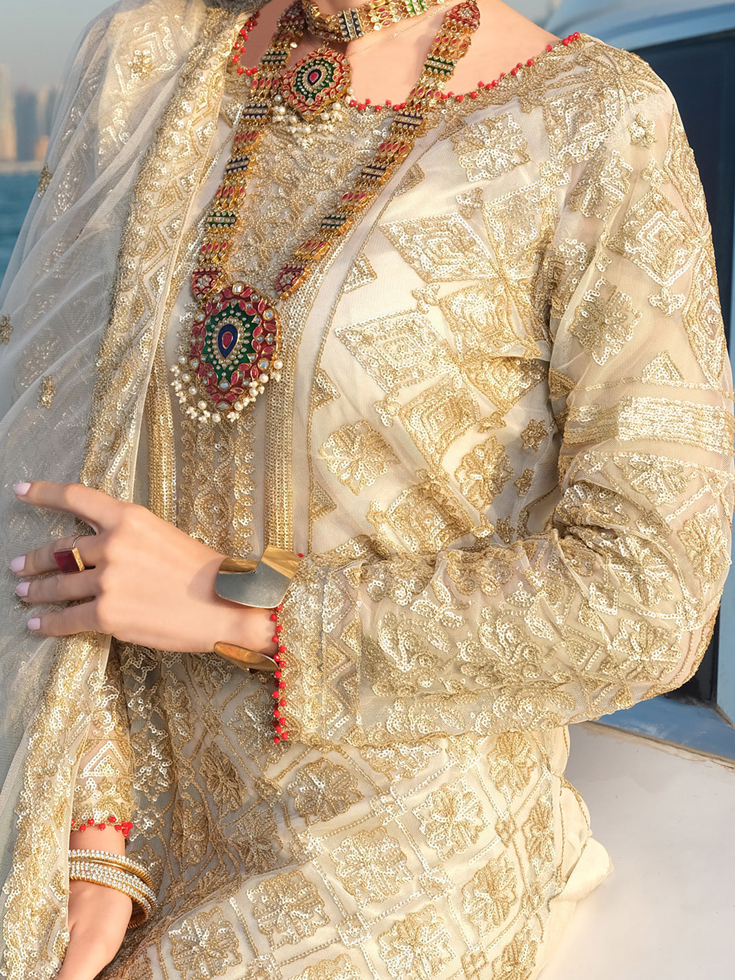 Beige Net 3 Piece Stitched - ALP-3PS-907