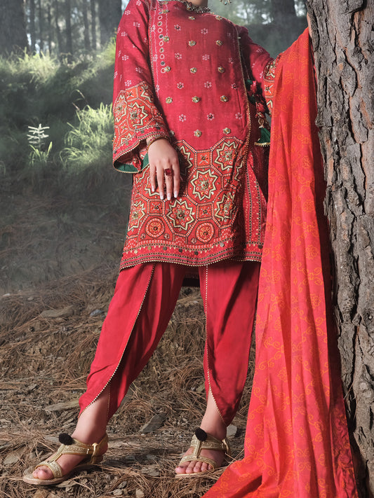 Red Raw Silk 3Pc Unstitched - ALP-3PS-993