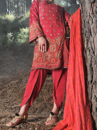 Red Raw Silk 3Pc Stitched - ALP-3PS-993