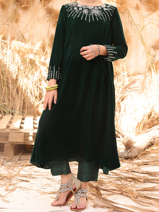 Green Velvet 2 Piece Stitched - ALT-2PS-LKS-1066B