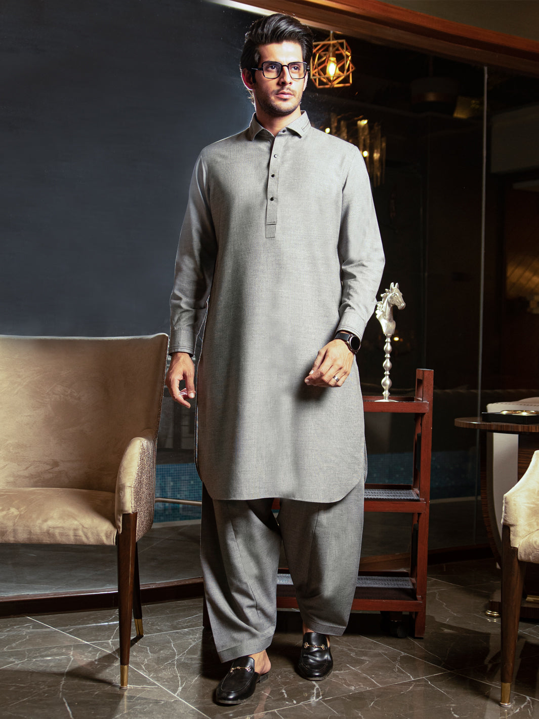 Grey Blended Kameez Shalwar - ALWA-KS-280