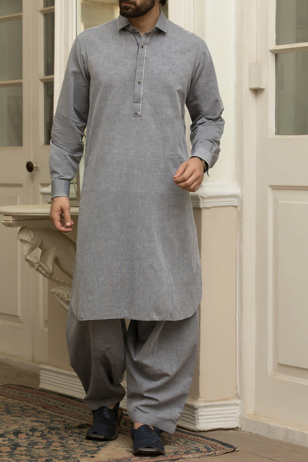 Grey Cotton Kameez Shalwar - ALWA-KS-074