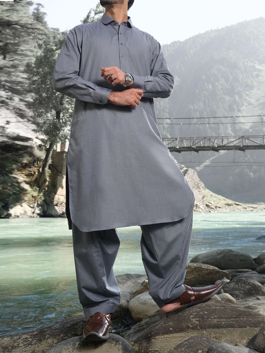 Light Grey Blended Kameez Shalwar - ALWA-KS-168